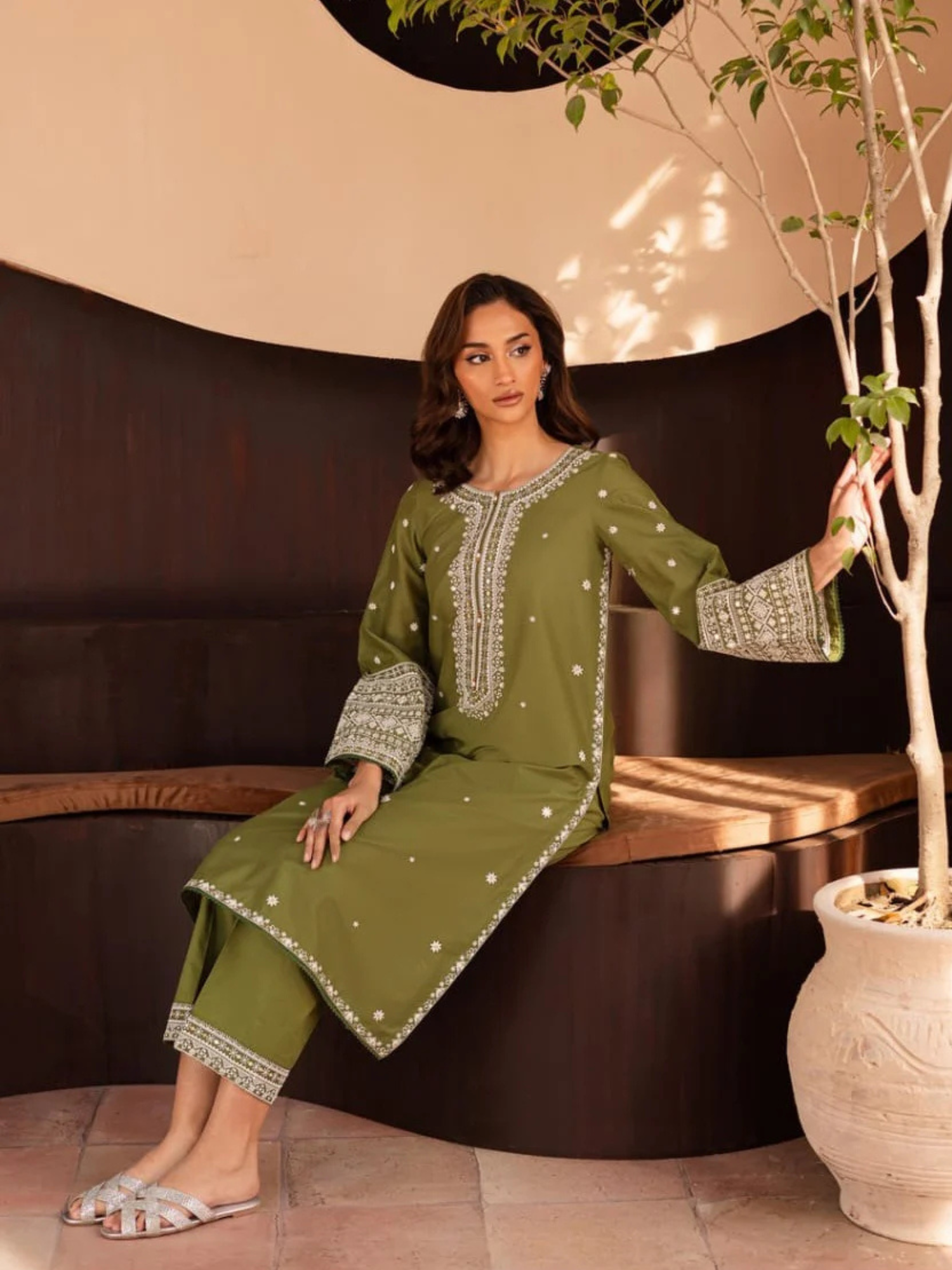 Olive Ayat Closet Linen Embroidered Stitched 2-Piece Suit-Lime Light