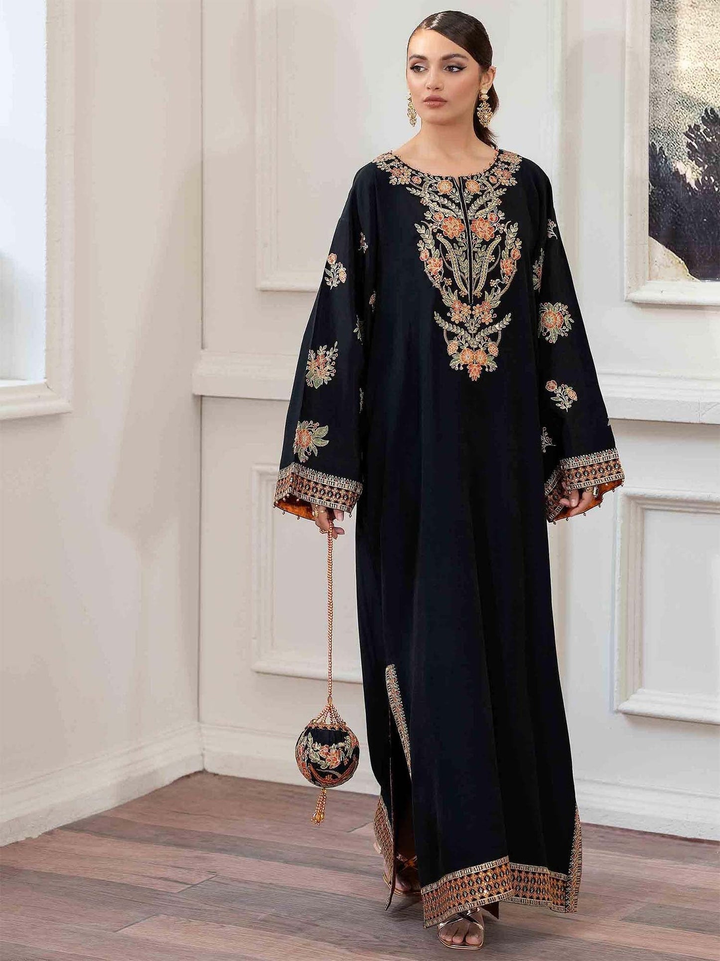 Black Rabazka Raw Silk Embroidered Kaftan