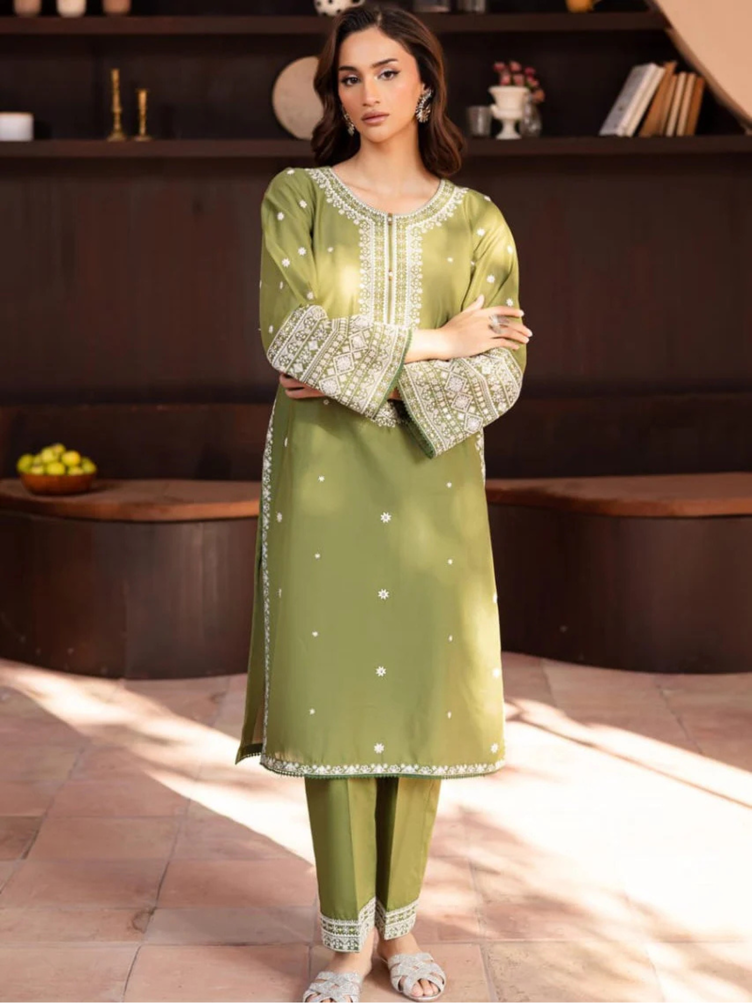 Olive Ayat Closet Linen Embroidered Stitched 2-Piece Suit-Lime Light