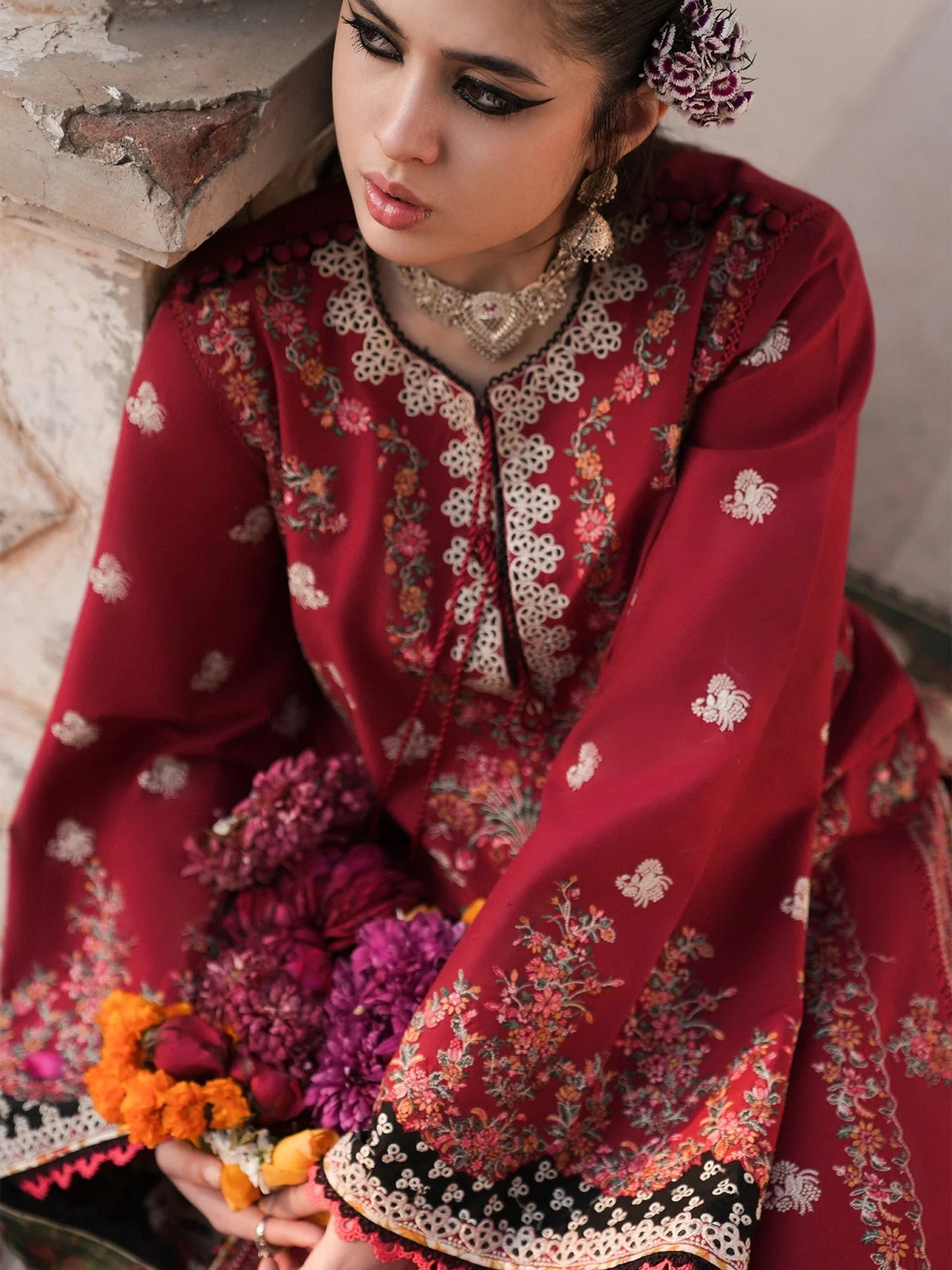 Red Hussain Rehar Barmala Pret'26 Embroidered 3-Piece Suit-Surkh-e-Laleh