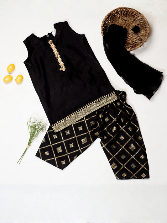 Kidoz Kloset Cotton Silk Embroidered Stitched 3-Piece Suit-Midnight Luxe-Infants