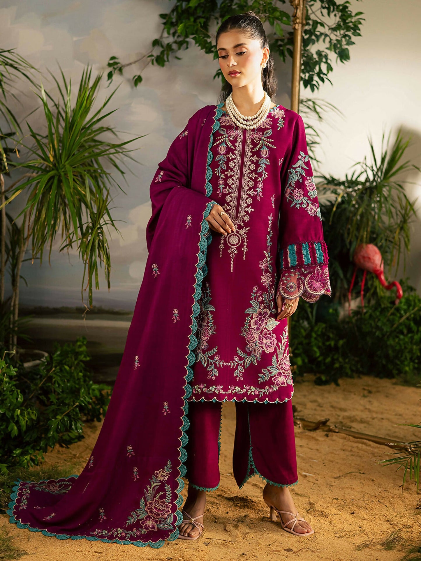 Mahnur Kaia Slub Linen Embroidered Stitched 3-Piece Suit-K- 09