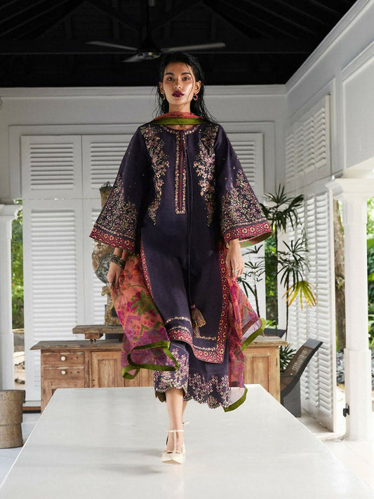 Midnight purple stitched 3-piece suit with textured jacquard lawn shirt, cutwork cotton trousers, and printed chiffon dupatta by Hussain Rehar.