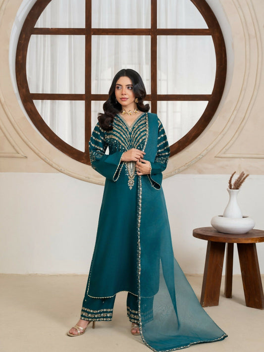 Stylish Collection Royal Pret Dhanak Linen Embroidered Stitched 3-Piece Suit-Jazmine Teal