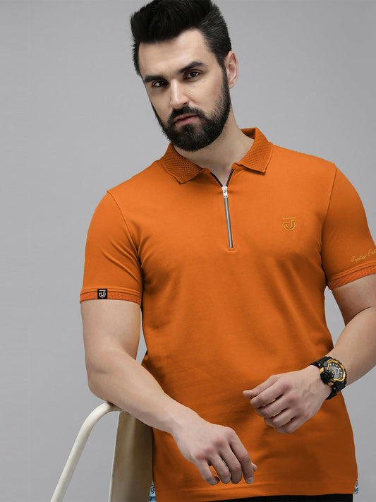 upiter Zip Neck cotton polo for men with textured collar and embroidered chest logo