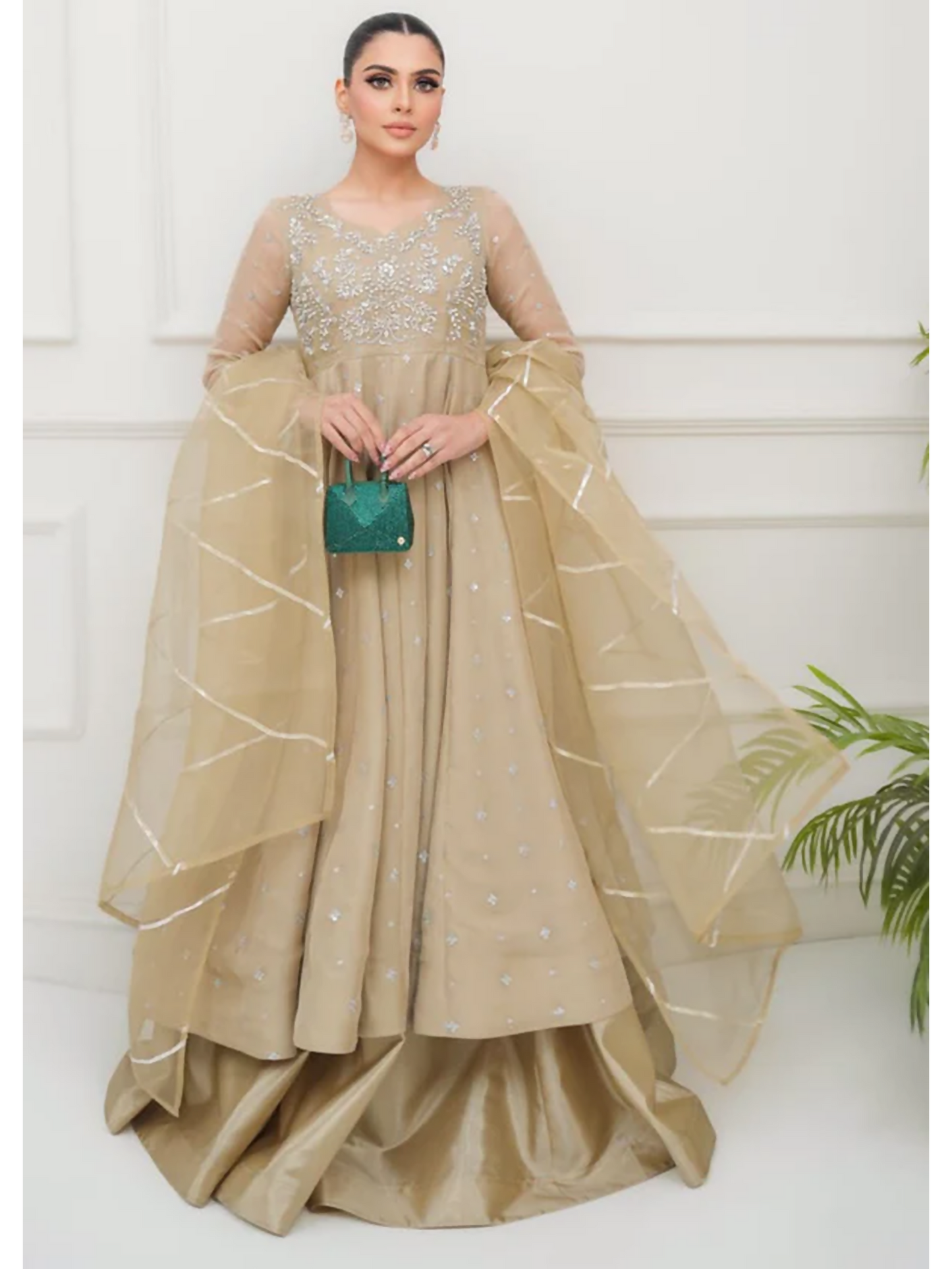 Allure By IH Lehr Chiffon Embroidered Lehenga-Oat