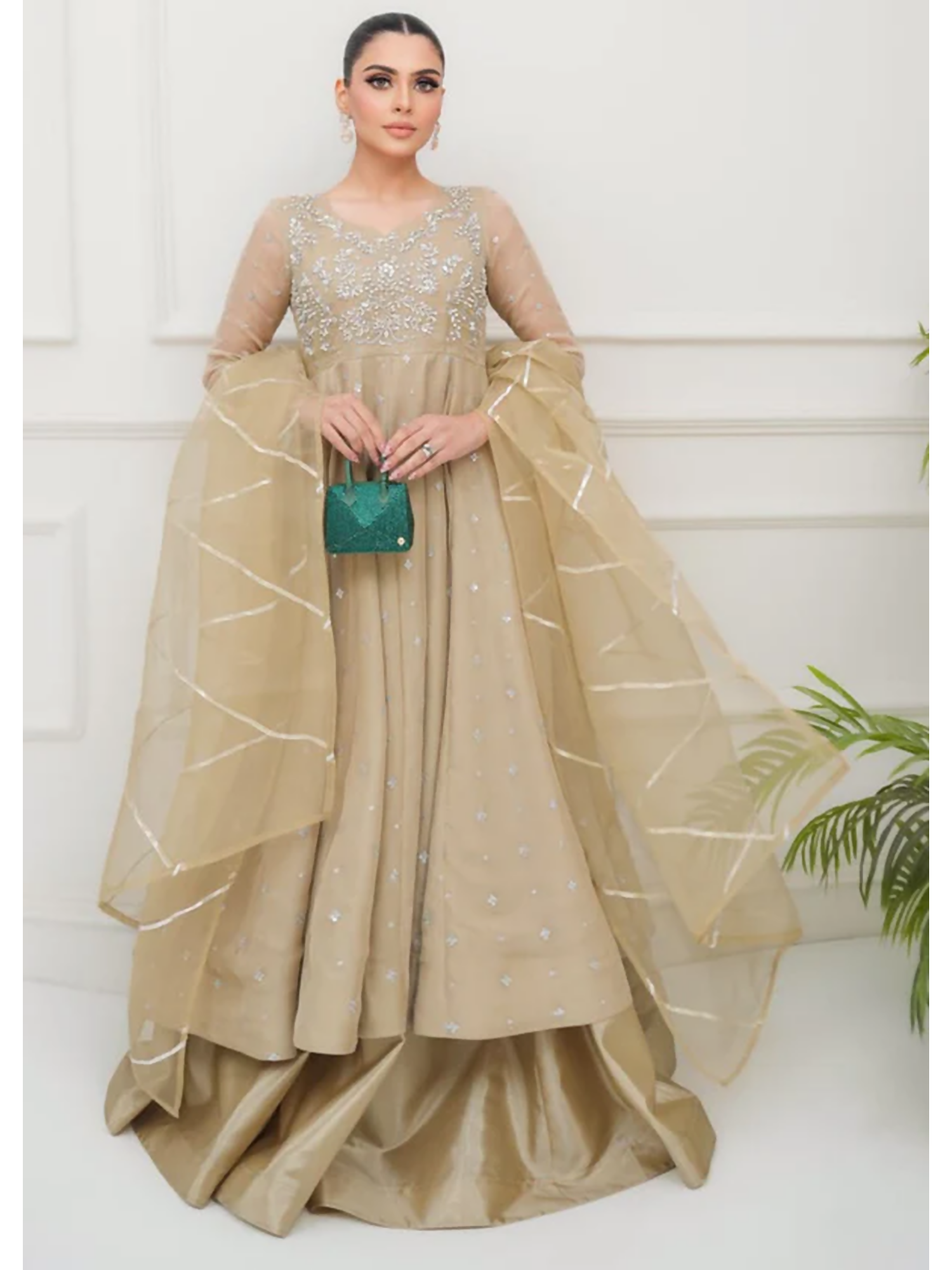 Allure By IH Lehr Chiffon Embroidered Lehenga-Oat