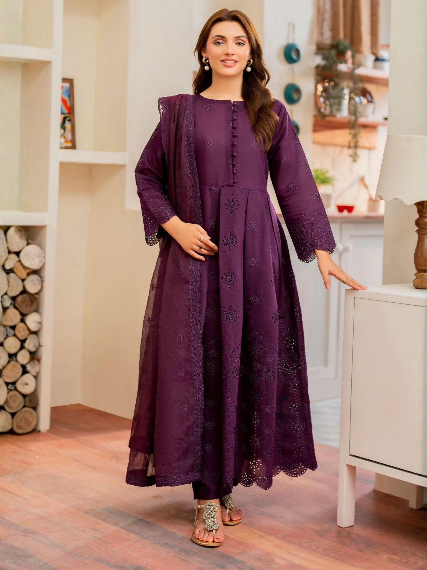 Panache Apparel Daily Essentials RTW Cambric Katan Embroidered Stitched 3-Piece Suit-Flux