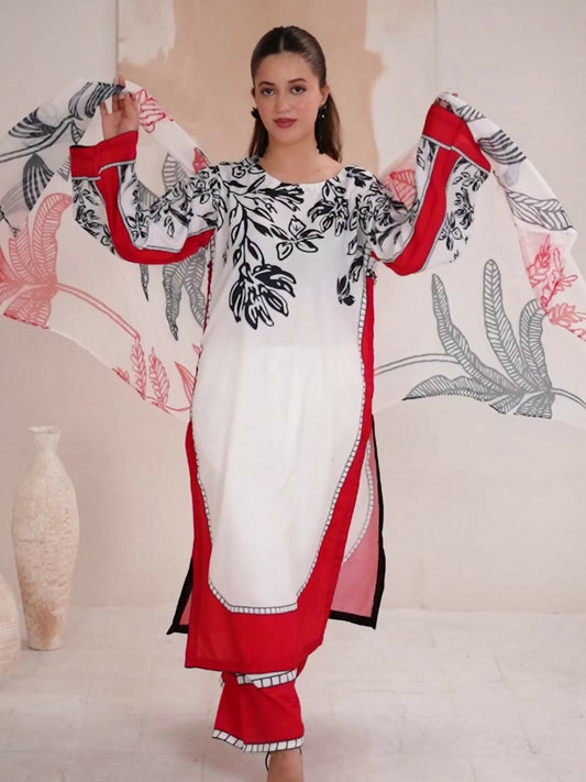 Stylish Collection Luxe Edit Poly Grip Silk Printed Stitched 3-Piece Suit-Roomi