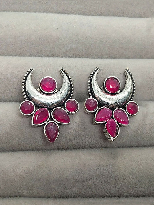 H&A Jewellery oxidised crescent moon stud earrings with pink stones in round and teardrop design