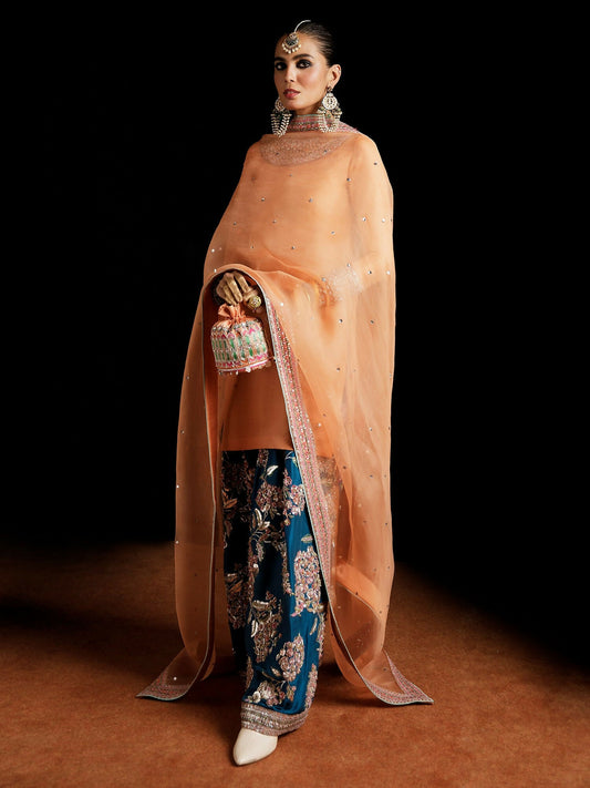 Hussain Rehar raw silk embellished shirt with hand-embellished shalwar and organza dupatta
