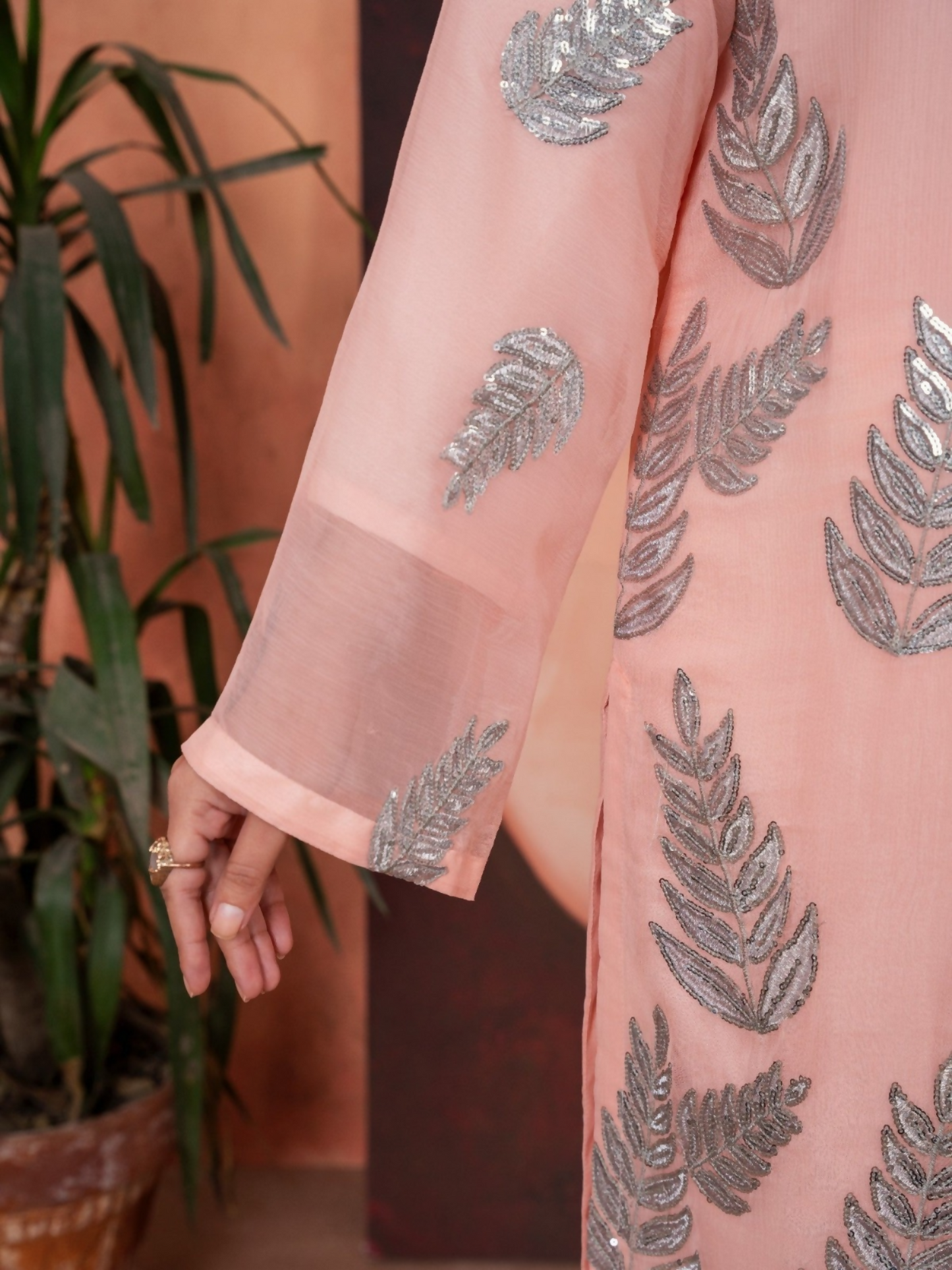 Stylish Collection Majeste Crinkle Chiffon Embroidered Stitched 3-Piece Suit-Zirwah Peach