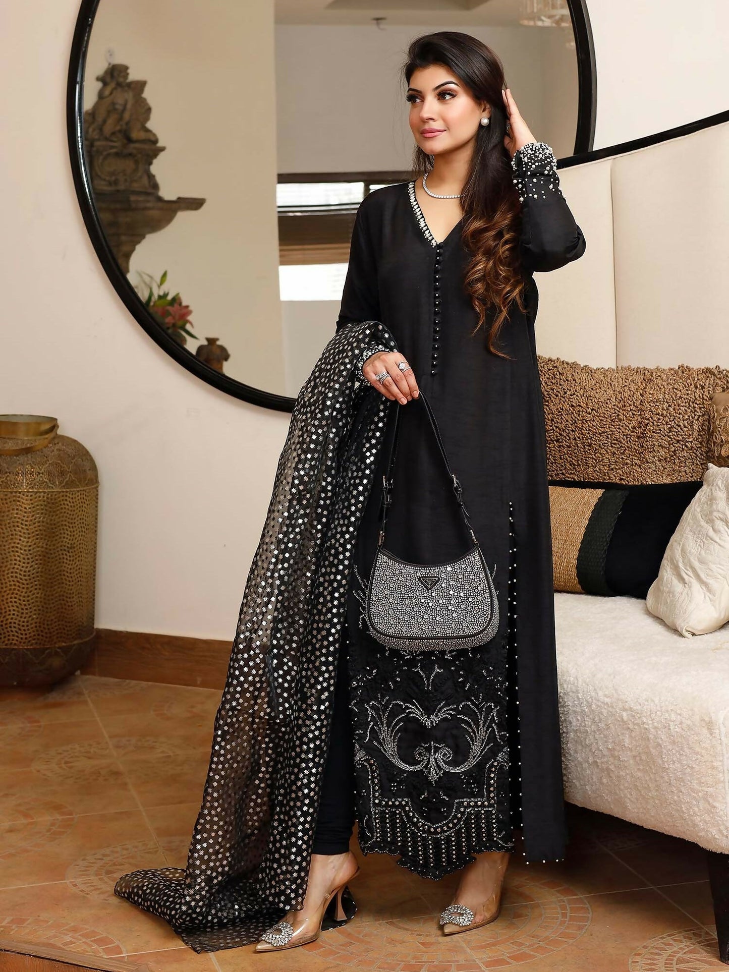 Shiza Hassan Nadia Luxury Pret Korean Raw Silk Embellished Stitched 2-Piece Suit-Midnight Sky