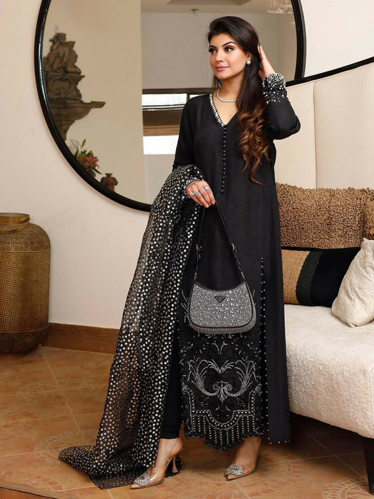 Shiza Hassan Nadia Luxury Pret Korean Raw Silk Embellished Stitched 2-Piece Suit-Midnight Sky