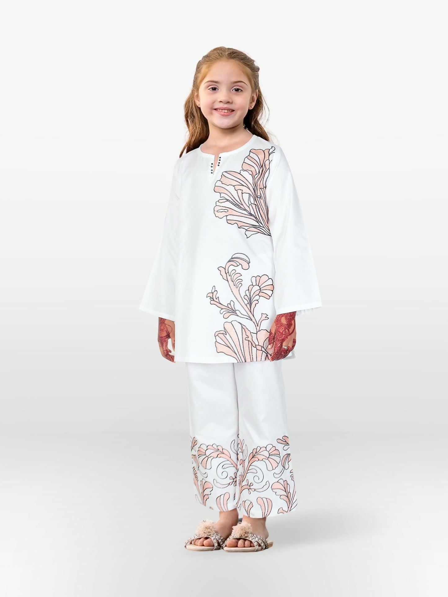 White Velvour Girls Printed Stitched 2-Piece Suit-VG130-A