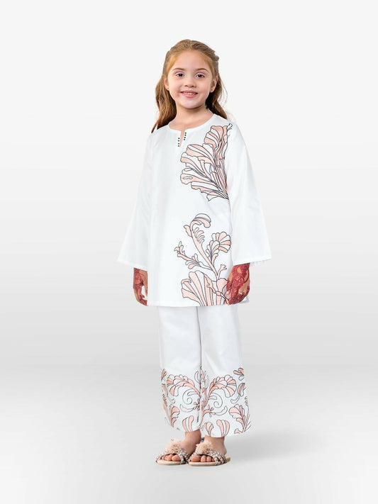 White Velvour Girls Printed Stitched 2-Piece Suit-VG130-A