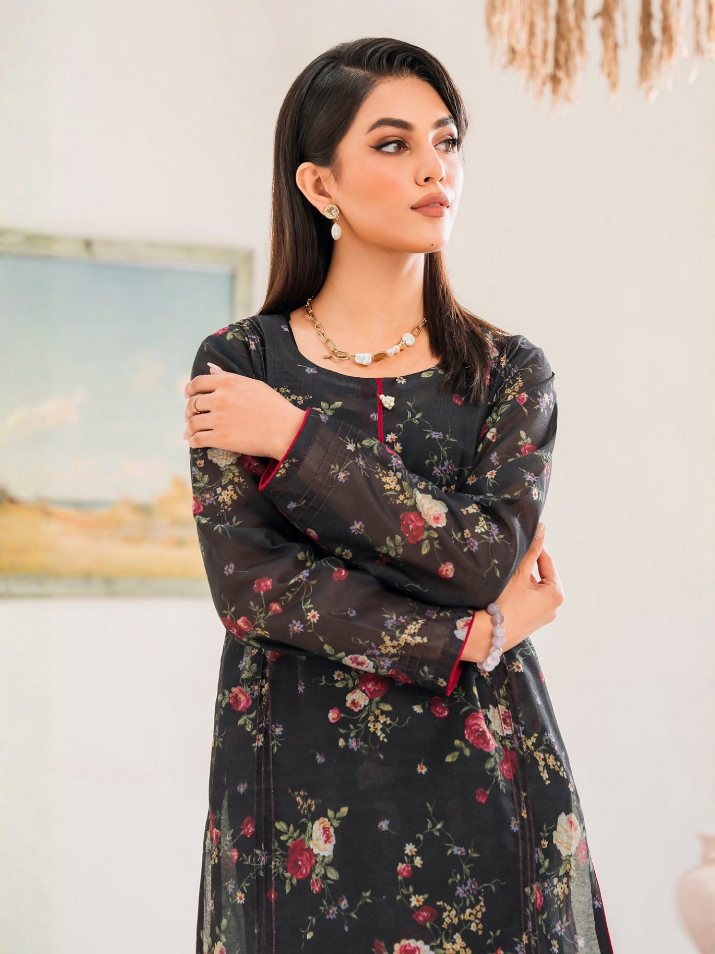 Panache Apparel Chambray Katan Printed Stitched 2-Piece Suit-Cosmos