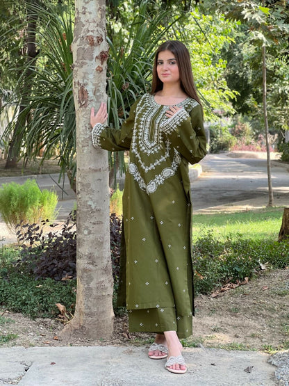 Tehzeeb Libas Cotton Lawn Embroidered Stitched 2-Piece Suit-OLIVE