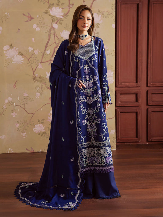 Mahnur Nova Khadar stitched 3-piece suit with embroidered khaddar shirt, embroidered wool shawl, and trouser with embroidered patches.