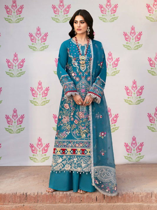 Unstitched 3-piece lawn suit from Mahnur Husn-e-Jahan collection with embroidered shirt, organza dupatta, and dyed trouser.