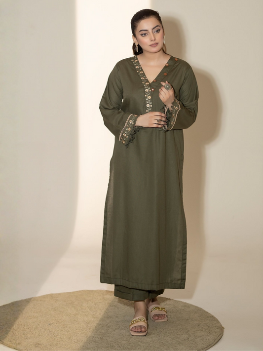 Mannat Clothing Winter-Basics'25 Linen Embroidered Stitched Suit-Sage