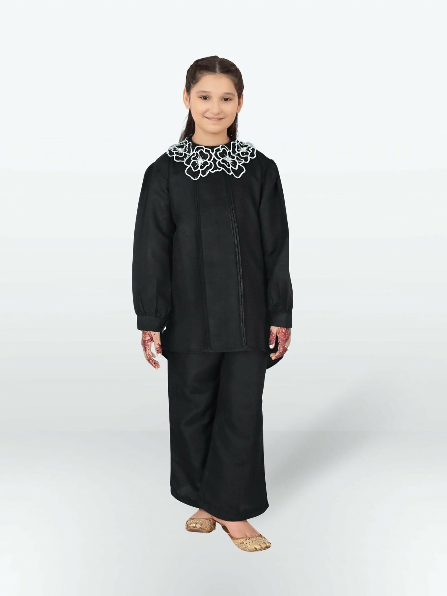 Designer stitched Top & Capri set in breathable intermixed cotton, ideal for summer, made in Pakistan by Velvour.