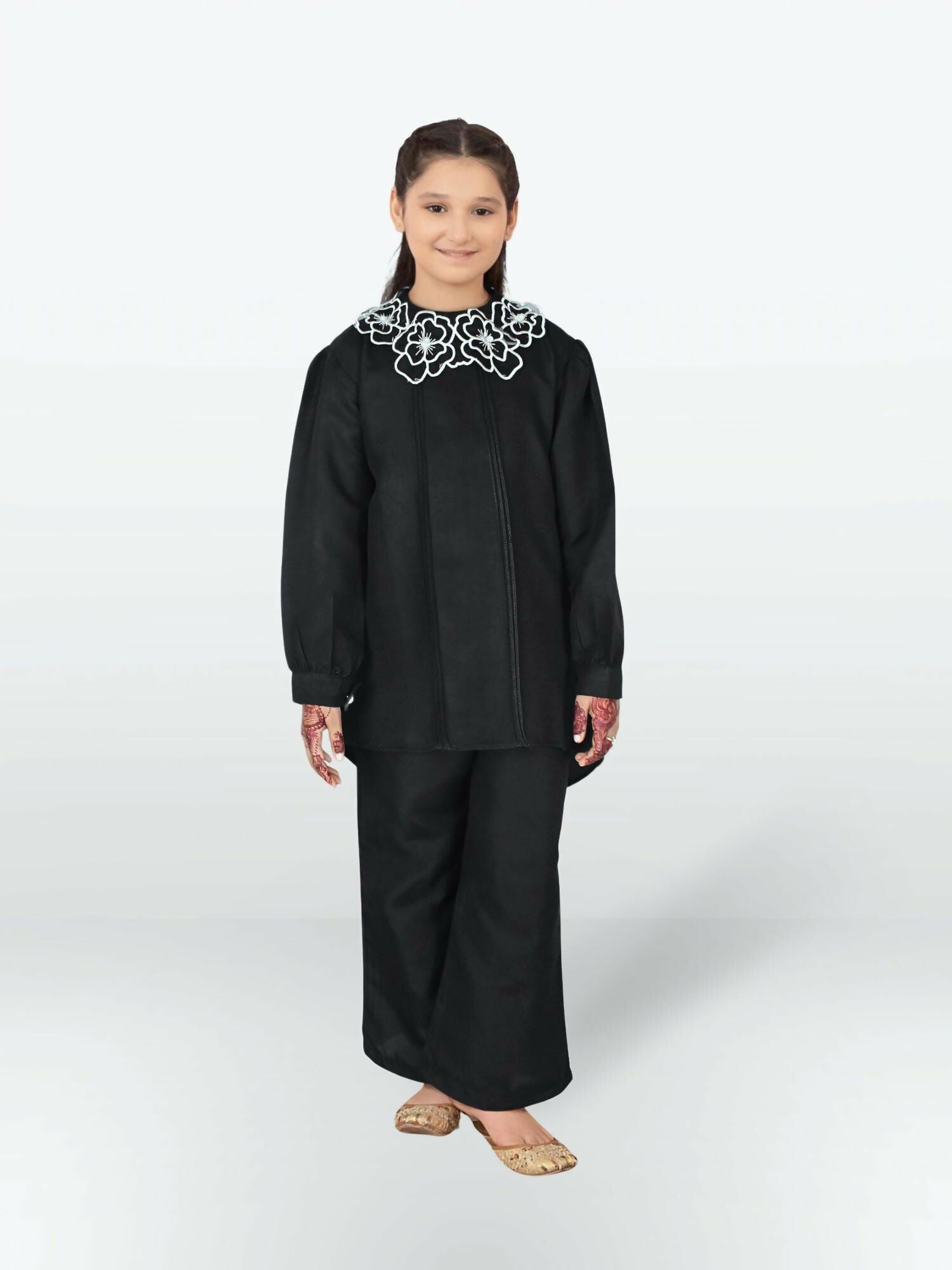 Designer stitched Top & Capri set in breathable intermixed cotton, ideal for summer, made in Pakistan by Velvour.