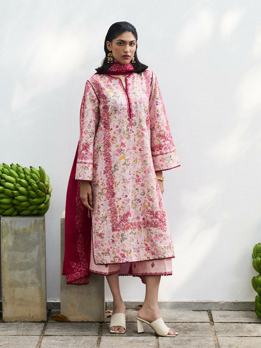Carolina pink printed lawn shirt with tonal pink embroidery, cotton culottes with delicate embroidery spray, paired with an embroidered hot pink lawn dupatta.