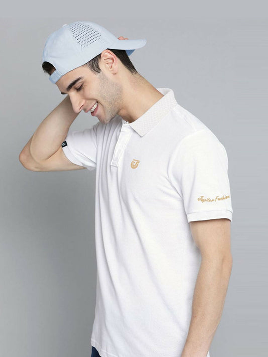 Jupiter Red Rose Polo for Men with textured collar, red rose embroidery on the left chest, and embroidered detailing on the left arm, crafted from a soft cotton-polyester-viscose blend