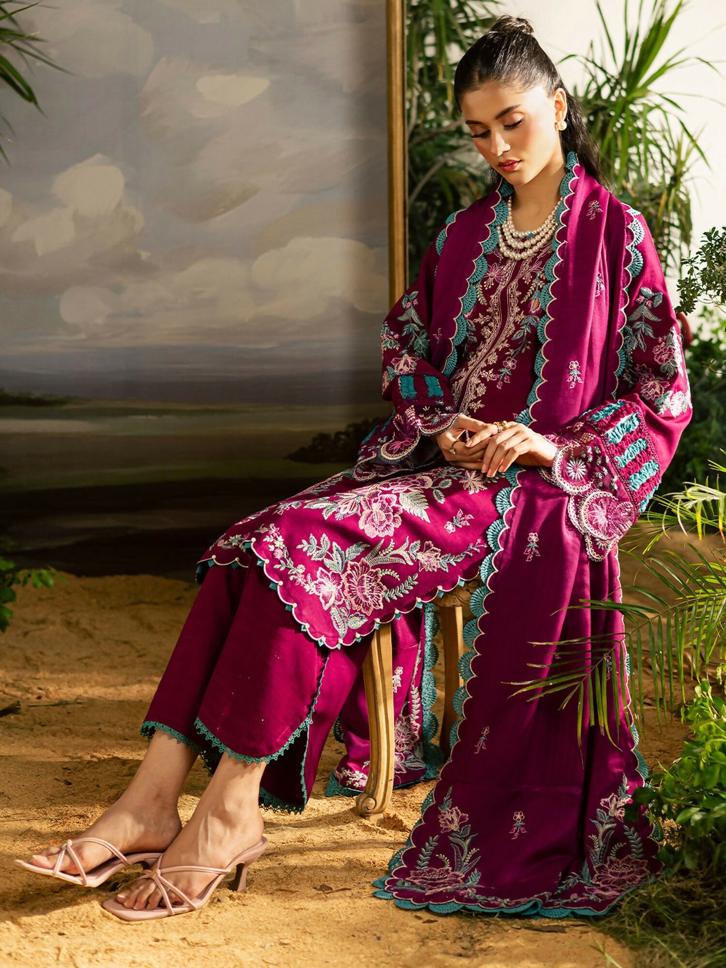 Mahnur Kaia Slub Linen Embroidered Stitched 3-Piece Suit-K- 09
