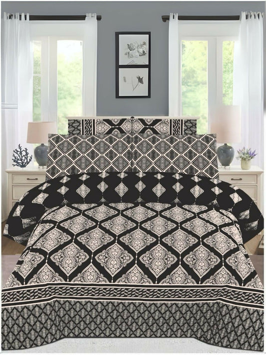 Black comforter set with white printed design – 6-piece bedding set including matching bedsheet and pillow covers.