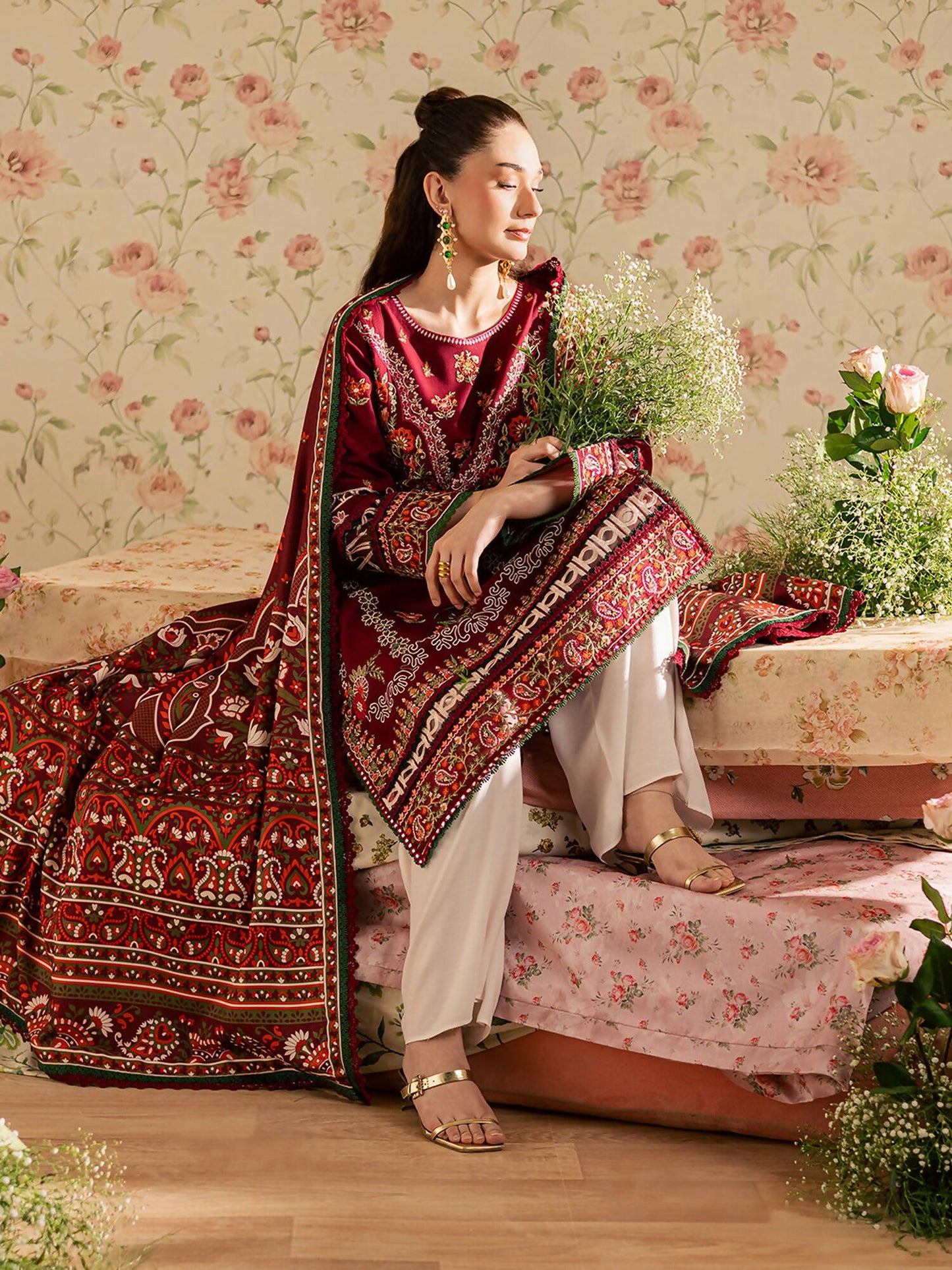 Mahnur Kaia Slub Linen Embroidered Stitched 3-Piece Suit-K- 12