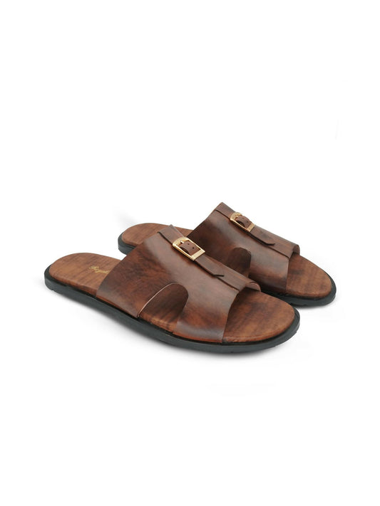 Men's brown cow leather slippers by Royale Leather with 450-gram lightweight design and durable rubber sole, ideal for indoor and casual wear.