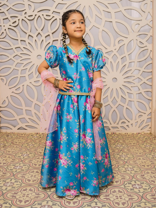 Kidoz Kloset Rang Rasiya Raw Silk Printed Stitched 3-Piece Suit-Aqua Rose-Girl