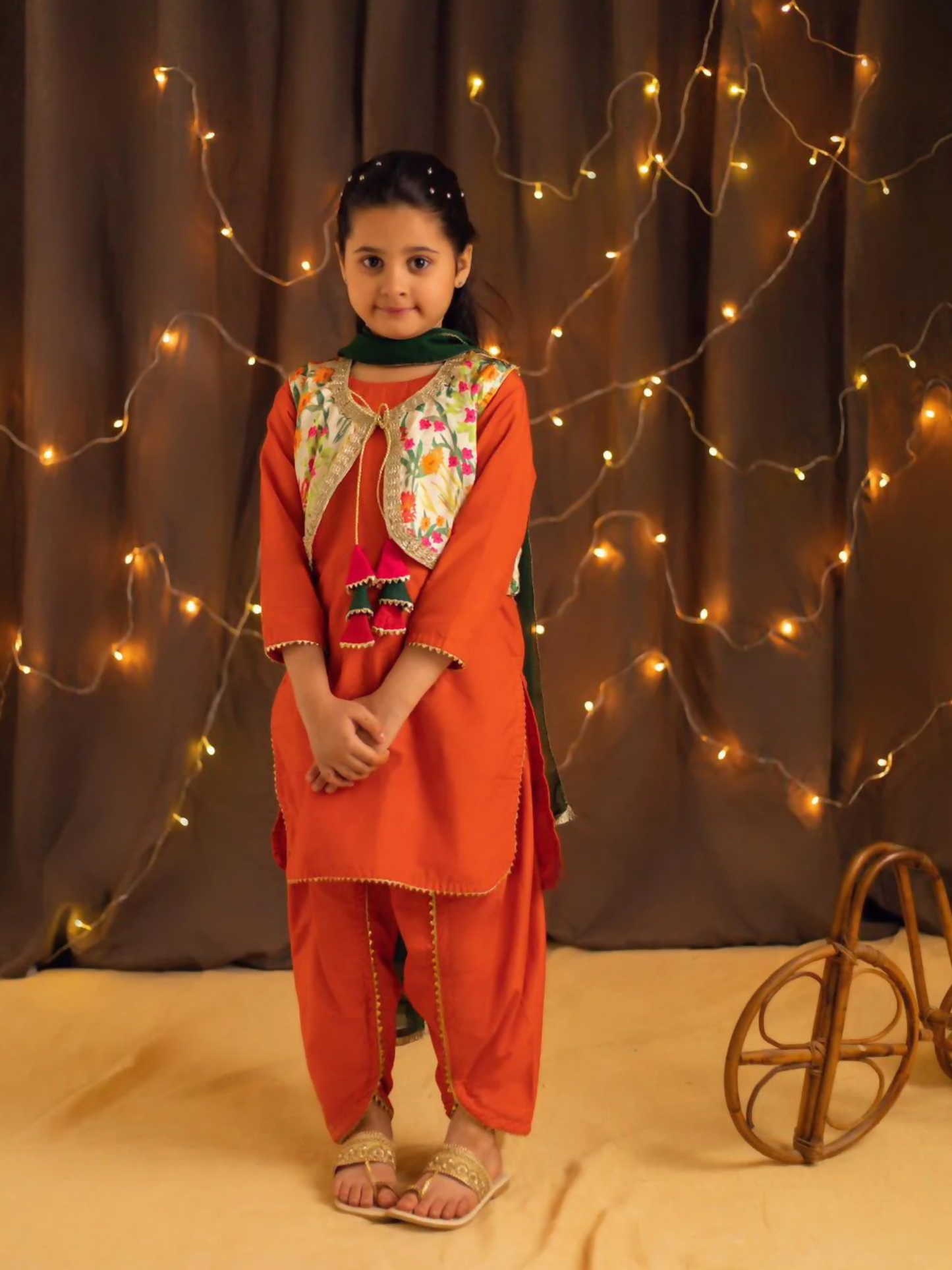 Kidoz Kloset Cotton Silk Embroidered Stitched 4-Piece Suit-Tangy Orange - Dhoti / Tulip Pant Set