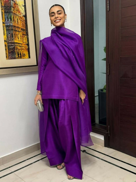HU Studios Silk Stitched 3-Piece Suit-Banafshi Nikhaar