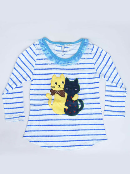 Funky's Embroidered Stripe Frilled Neckline Applique Tee Shirt-13648