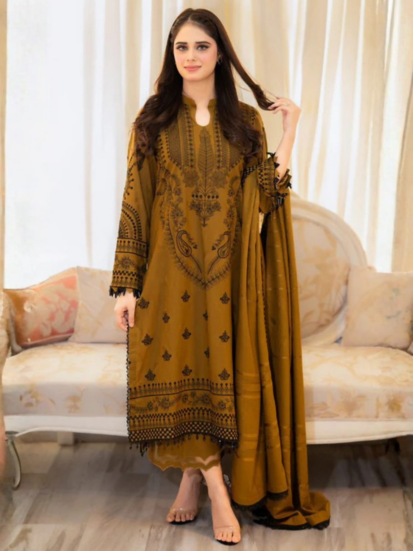 Tawakal Closet Linen Embroidered Stitched 3-Piece Suit-Zaitoon