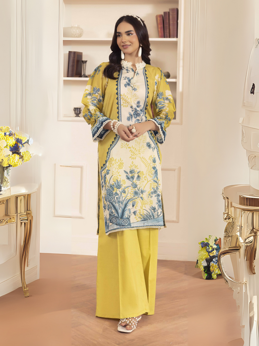 Woman wearing a yellow and white unstitched 2 piece lawn suit with blue and yellow floral printed shirt and plain yellow trouser.