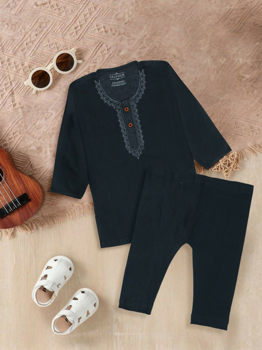 Embroidered stitched cotton kurta pajama suit with round neck, full sleeves, and regular fit, ideal for traditional and festive occasions