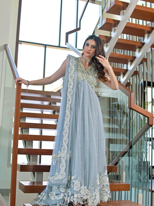 Farooq Hameed Studio Net Embellished Stitched 3-Piece Suit-Laira