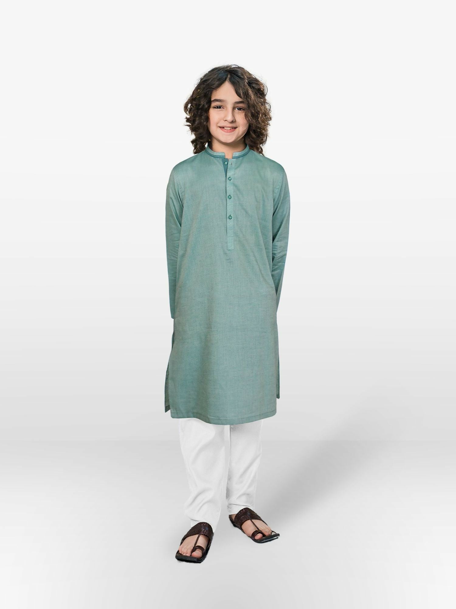 Sage Green Velvour Boys Embroidered Kurta Set-VB191
