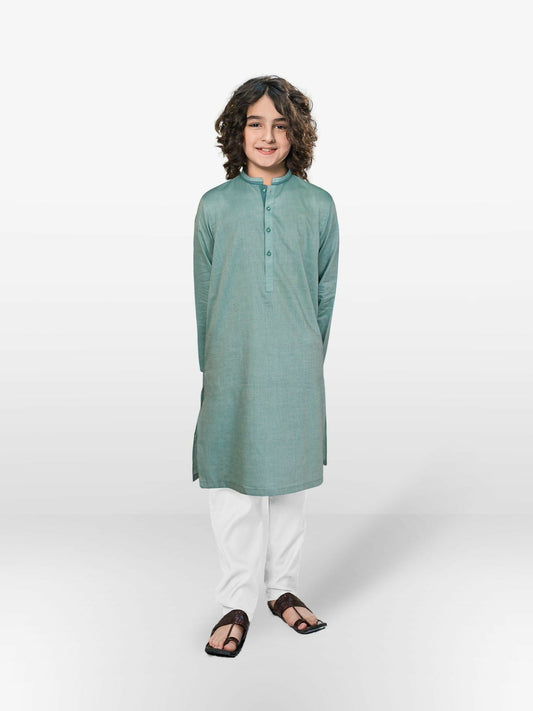Sage Green Velvour Boys Embroidered Kurta Set-VB191