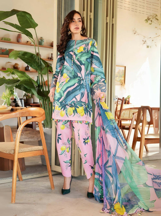 Maria.B pink printed embroidered lawn shirt with organza patti, printed cambric trouser, and printed chiffon dupatta.