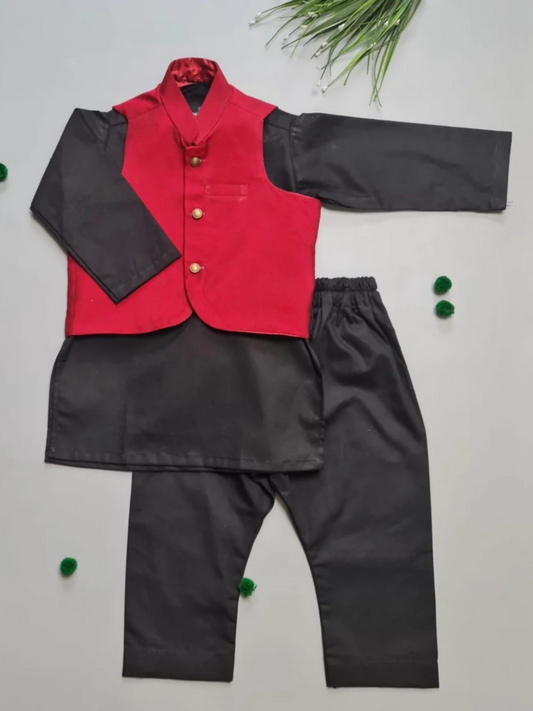 Kidoz Kloset Wash & Wear Kurta Pajama-Cherry Berry Waistcoat Set