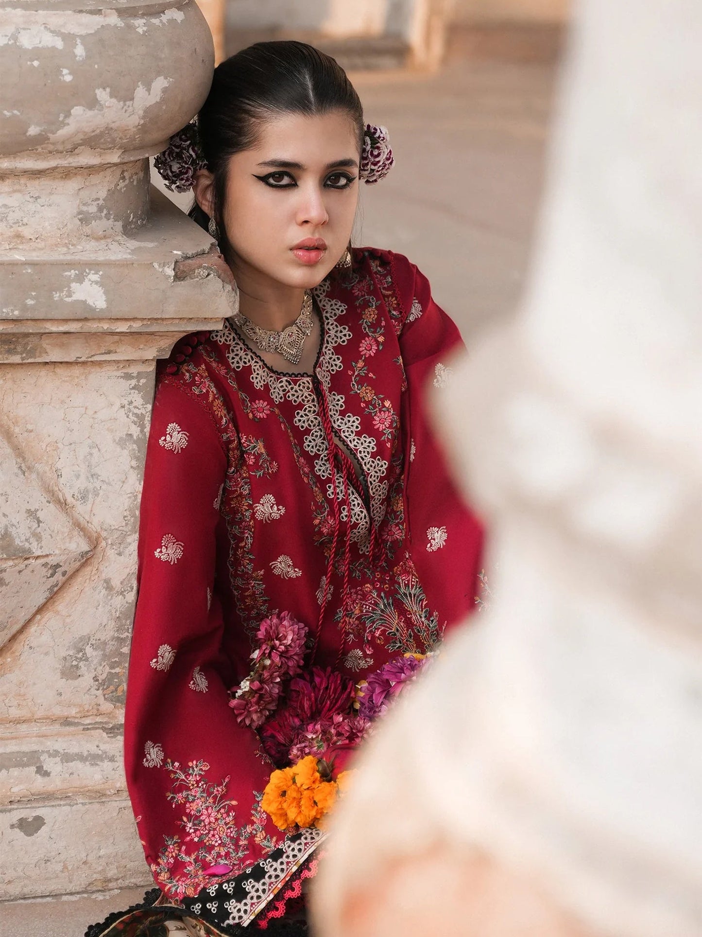 Red Hussain Rehar Barmala Pret'26 Embroidered 3-Piece Suit-Surkh-e-Laleh