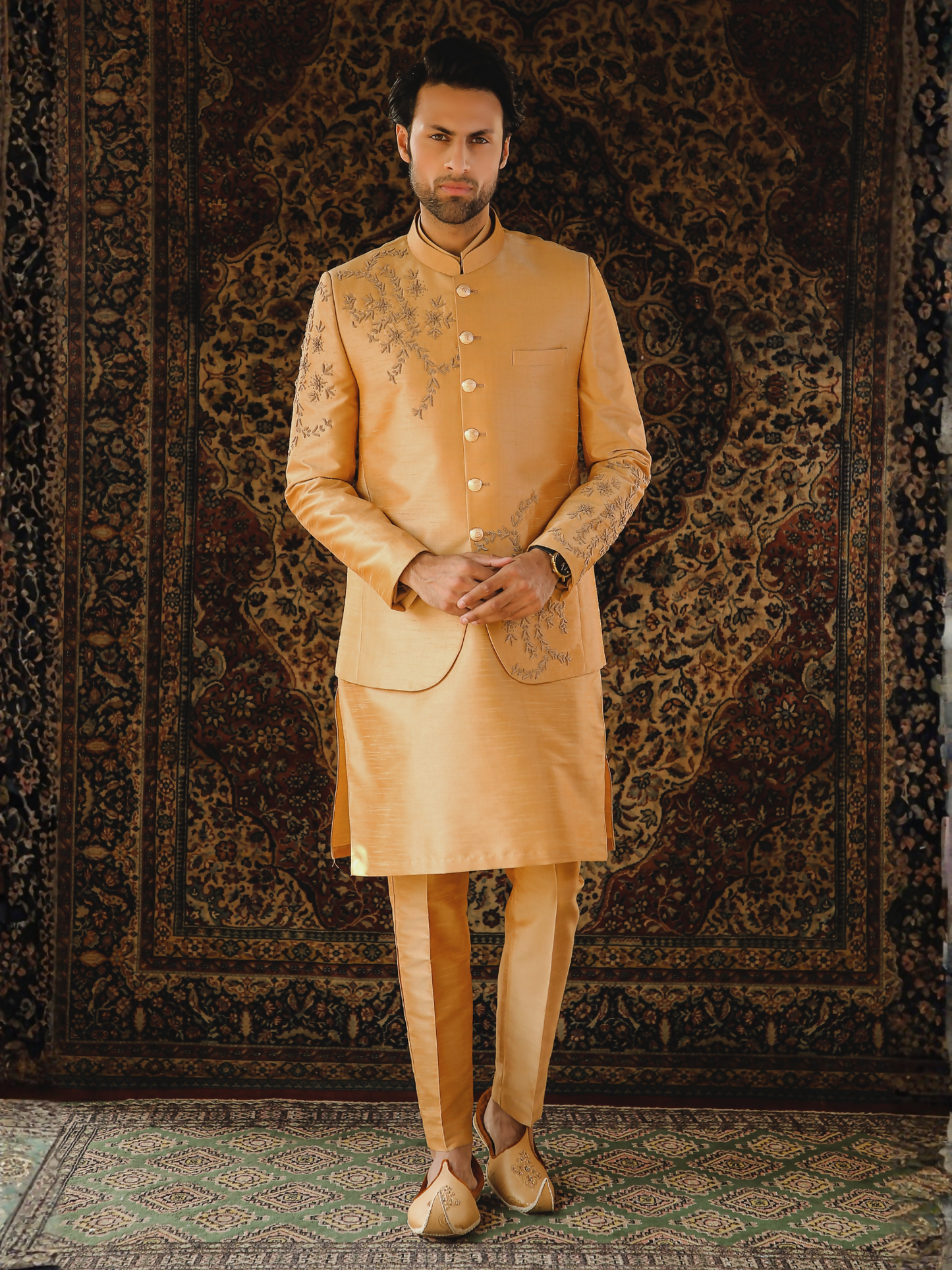 Gem Garments The Sartorial Edit Raw Silk Embellished Prince Coat-Payam