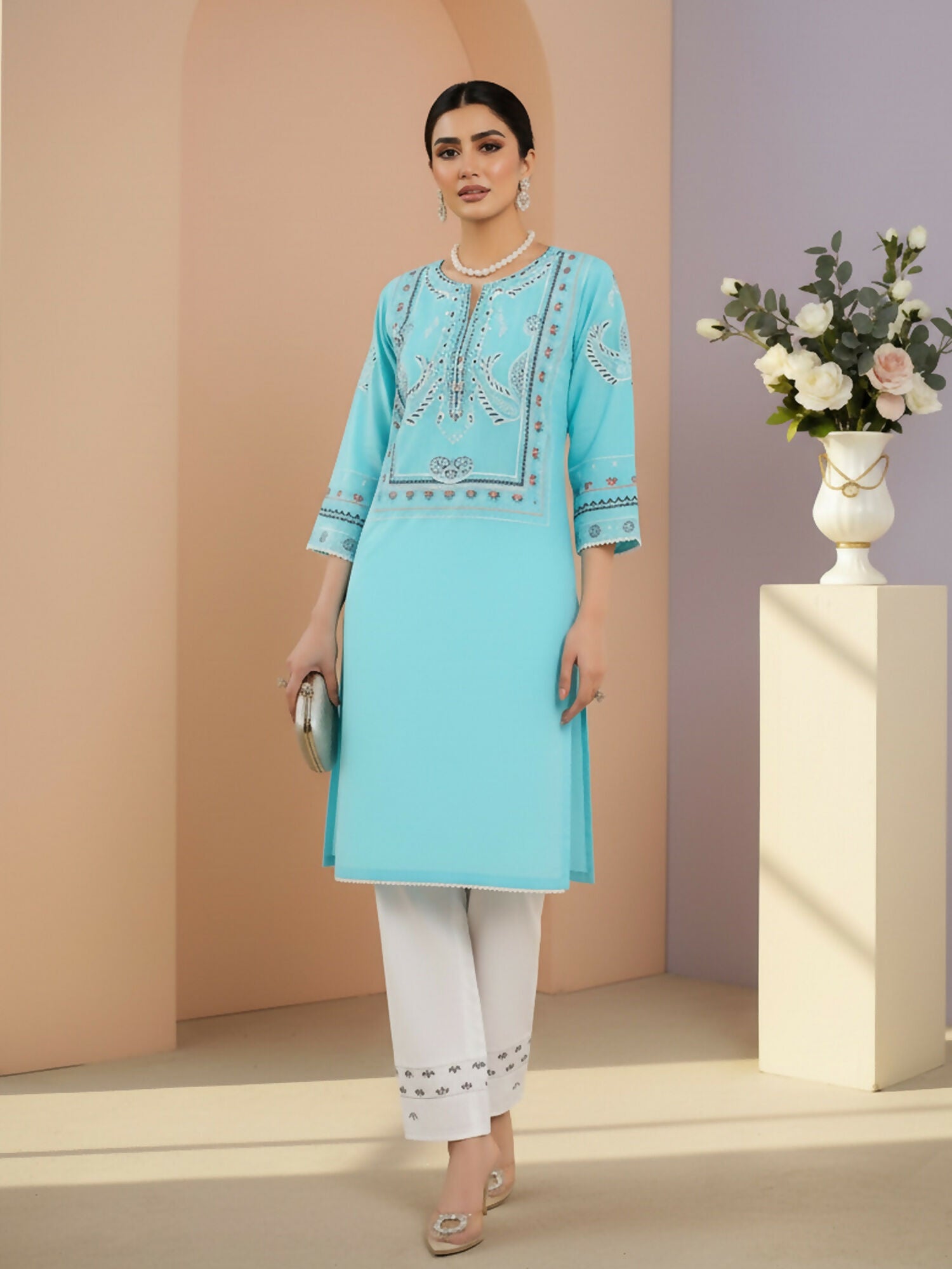 Zeephire Lawn Embroidered Stitched 2-Piece Suit-Sky Marriage