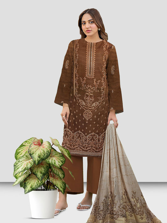 Unstitched 3-piece suit with embroidered Bana Dora lawn shirt, jacquard dupatta, and plain dyed cotton trouser.