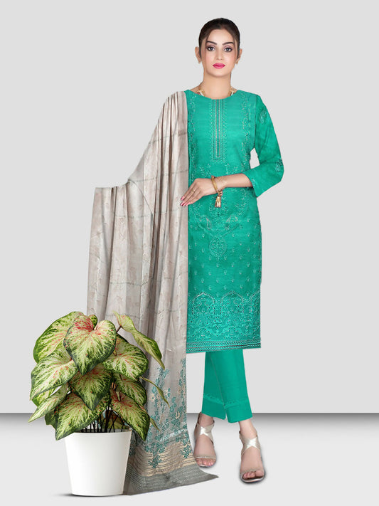 Unstitched 3-piece suit with embroidered Bana Dora lawn shirt, jacquard dupatta, and plain dyed cotton trouser.